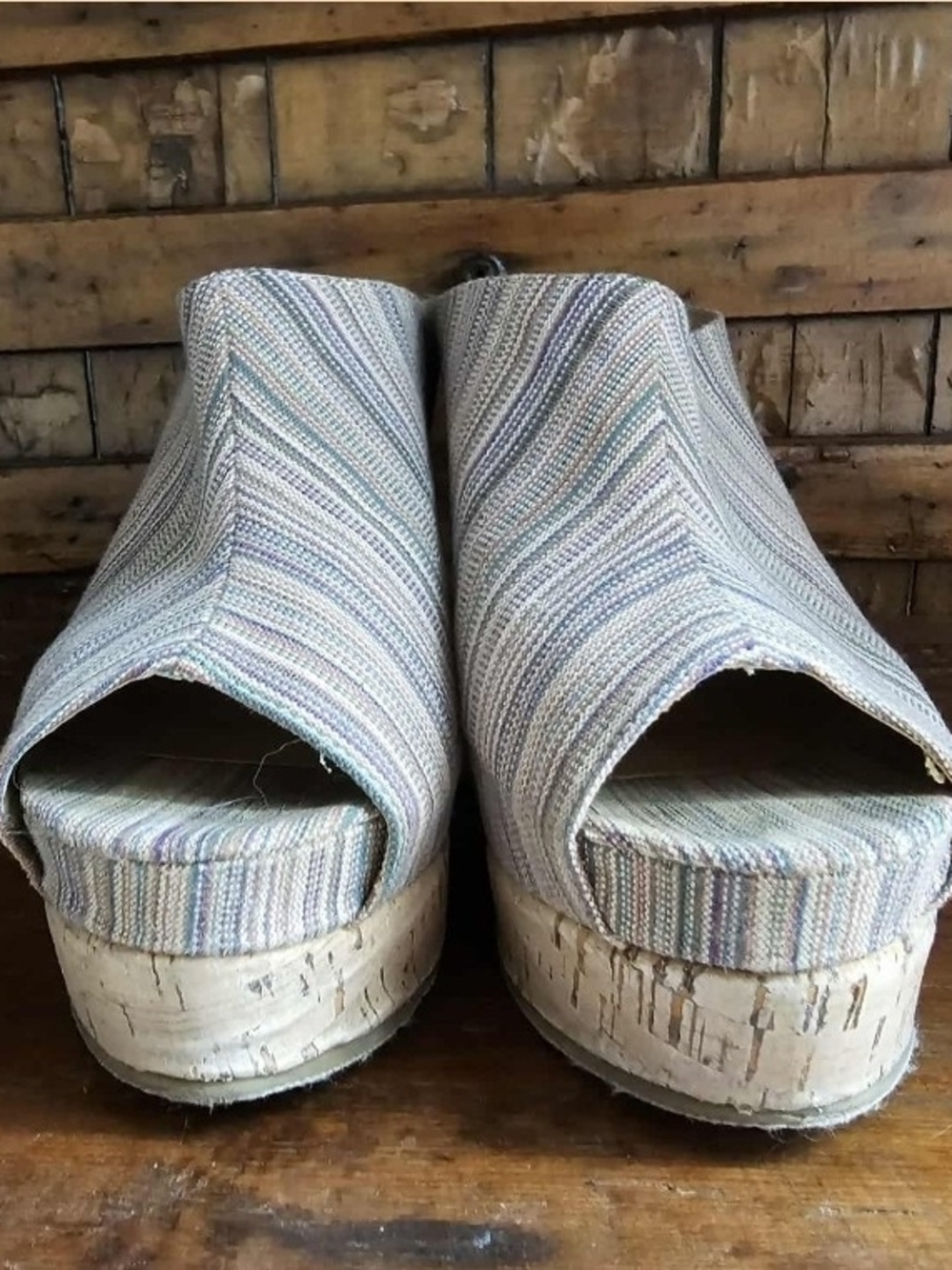 Chinese Laundry Multicolor Stripe Peep-Toe Platform Wedges